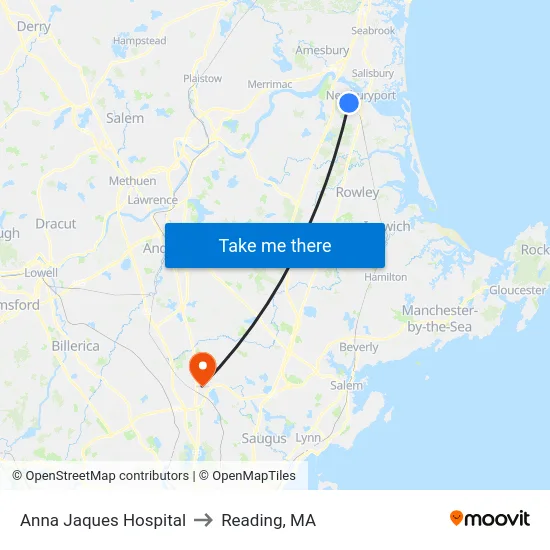 Anna Jaques Hospital to Reading, MA map