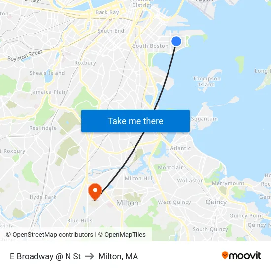 E Broadway @ N St to Milton, MA map