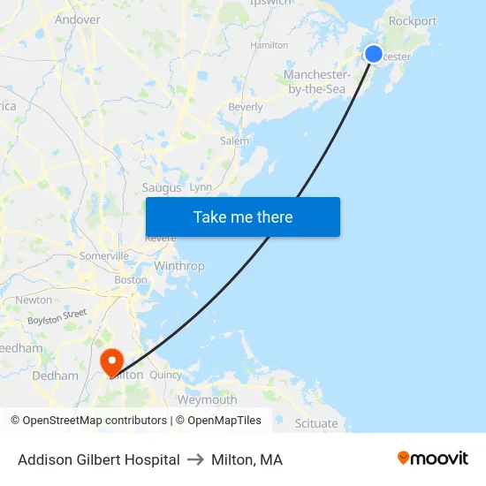 Addison Gilbert Hospital to Milton, MA map