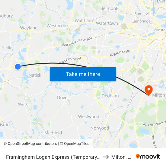 Framingham Logan Express (Temporary Stop) to Milton, MA map