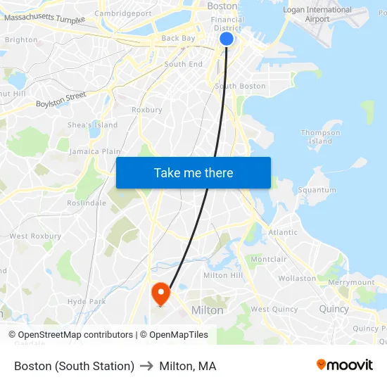 Boston (South Station) to Milton, MA map