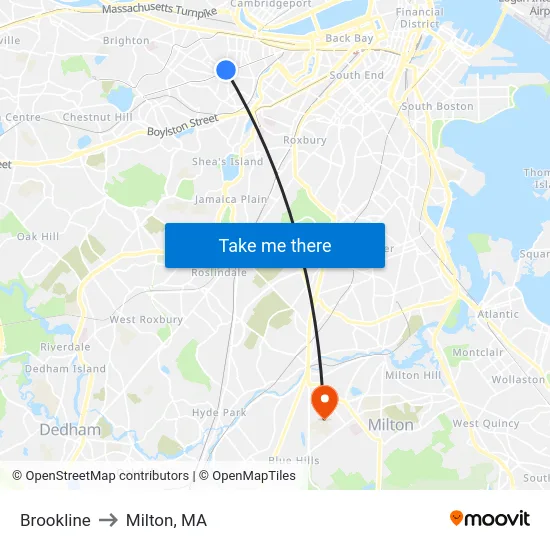 Brookline to Milton, MA map