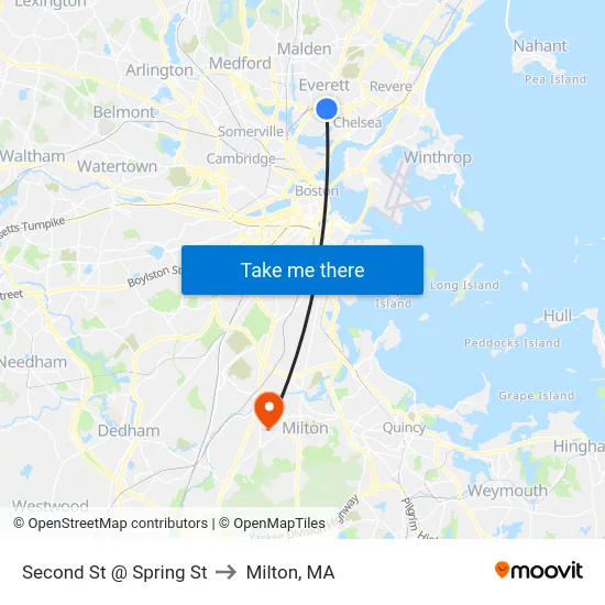 Second St @ Spring St to Milton, MA map