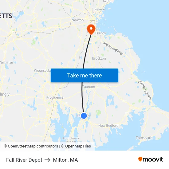 Fall River Depot to Milton, MA map