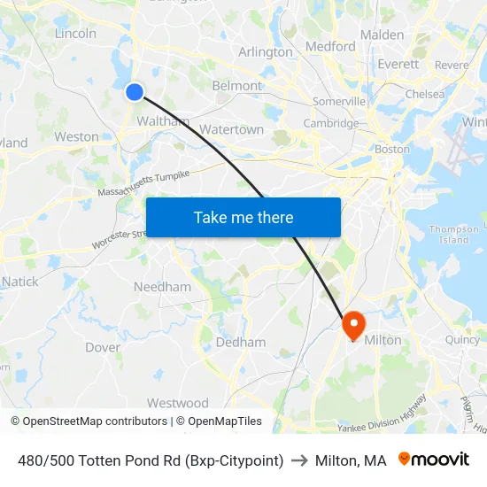480/500 Totten Pond Rd  (Bxp-Citypoint) to Milton, MA map