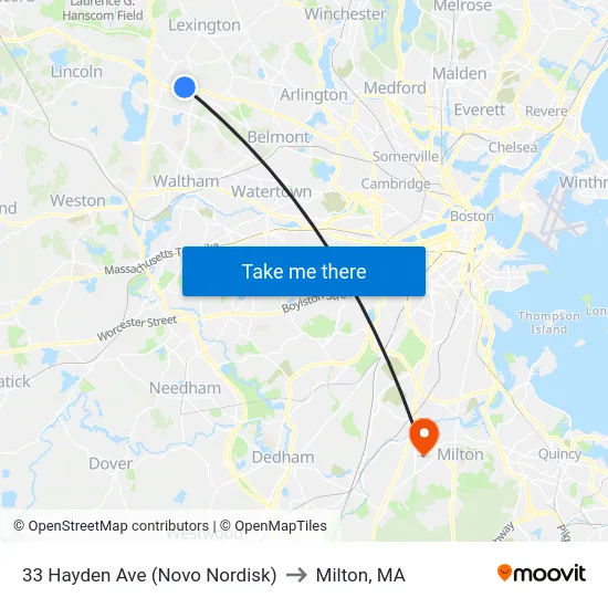 33 Hayden Ave (Novo Nordisk) to Milton, MA map