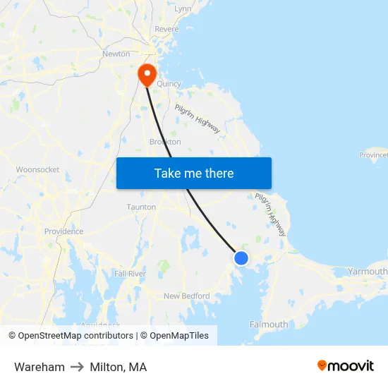 Wareham to Milton, MA map