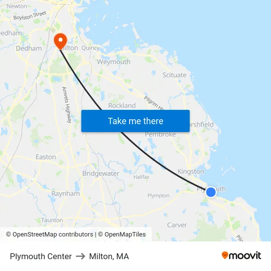 Plymouth Center to Milton, MA map