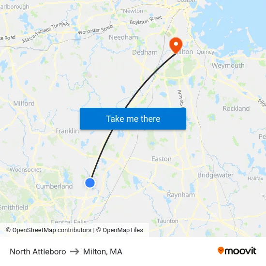 North Attleboro to Milton, MA map