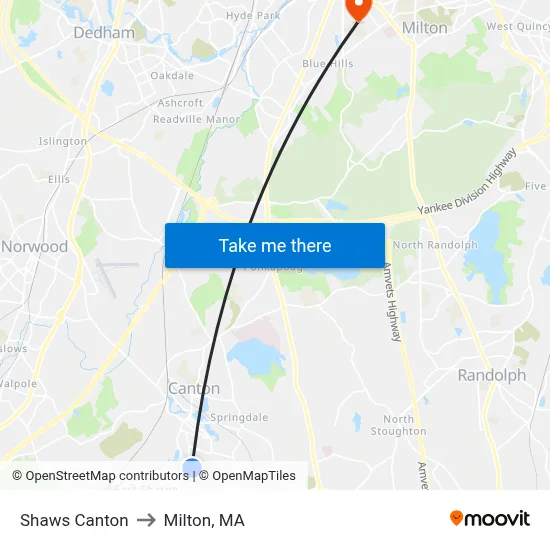 Shaws Canton to Milton, MA map