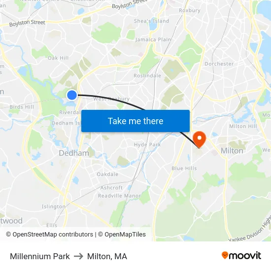 Millennium Park to Milton, MA map