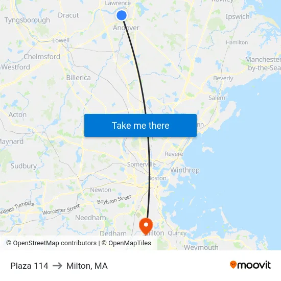 Plaza 114 to Milton, MA map