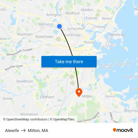 Alewife to Milton, MA map