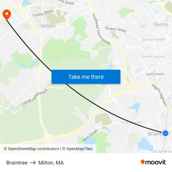 Braintree to Milton, MA map
