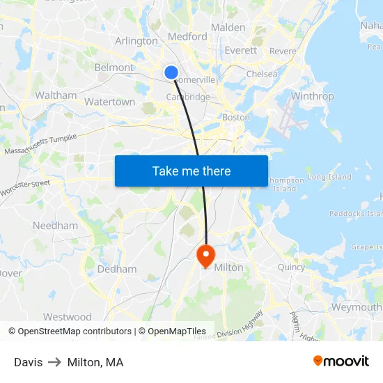 Davis to Milton, MA map