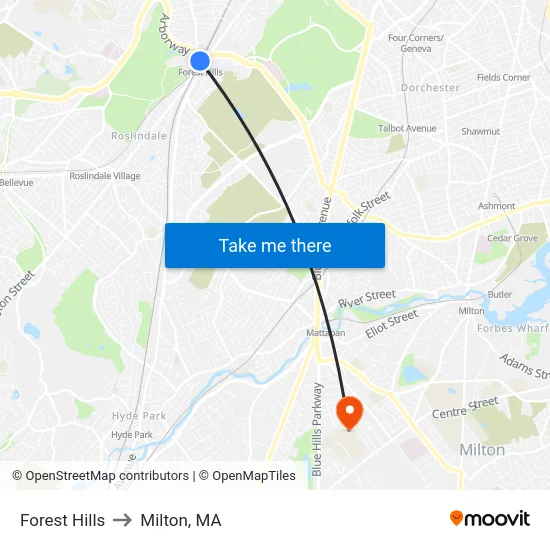 Forest Hills to Milton, MA map
