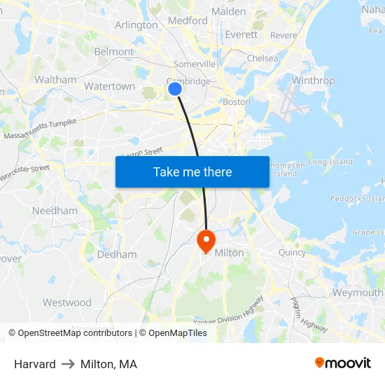 Harvard to Milton, MA map