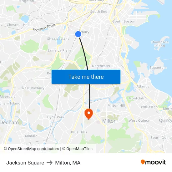 Jackson Square to Milton, MA map