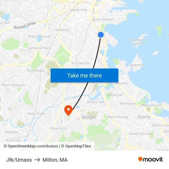 Jfk/Umass to Milton, MA map