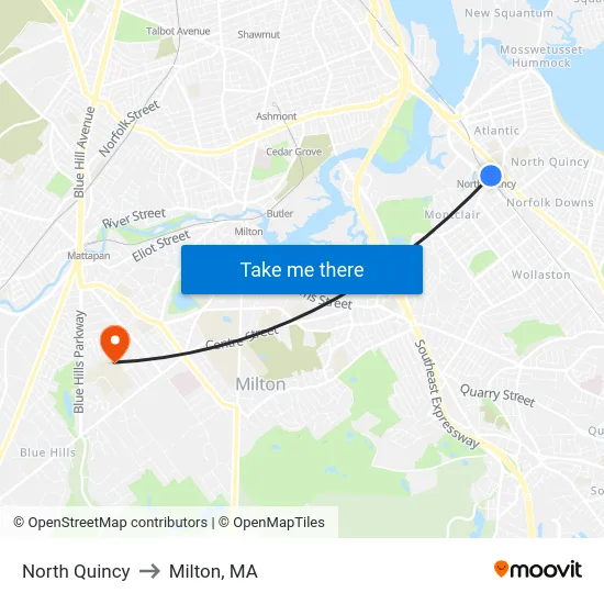 North Quincy to Milton, MA map