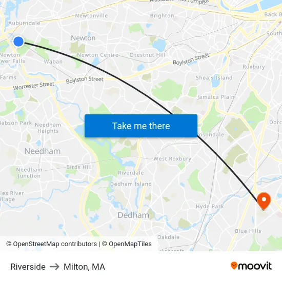 Riverside to Milton, MA map