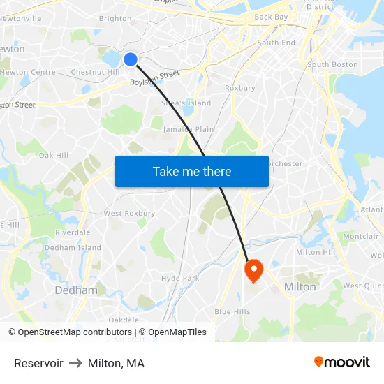 Reservoir to Milton, MA map