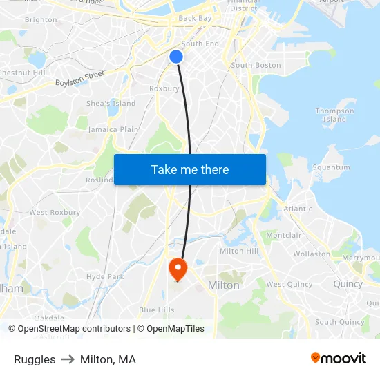 Ruggles to Milton, MA map