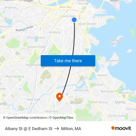 Albany St @ E Dedham St to Milton, MA map