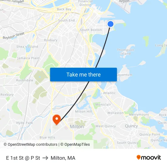 E 1st St @ P St to Milton, MA map