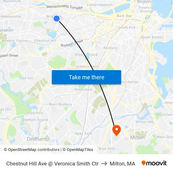 Chestnut Hill Ave @ Veronica Smith Ctr to Milton, MA map