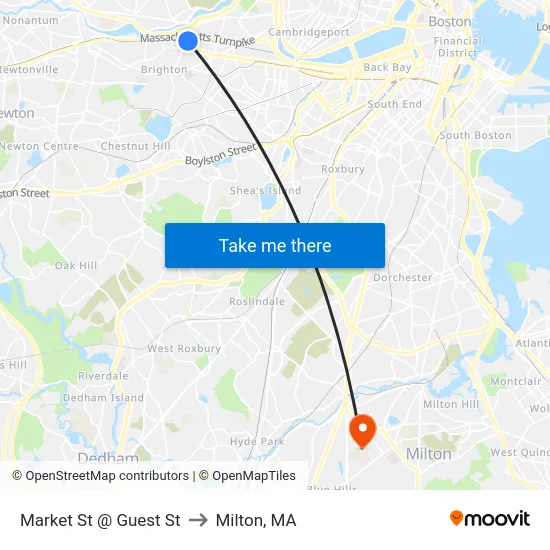 Market St @ Guest St to Milton, MA map