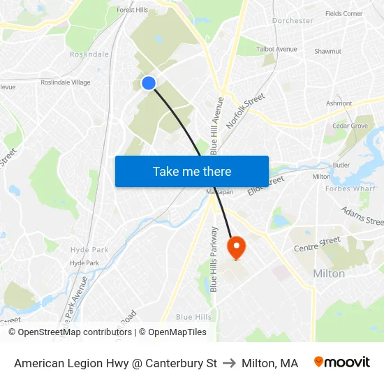 American Legion Hwy @ Canterbury St to Milton, MA map