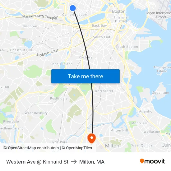 Western Ave @ Kinnaird St to Milton, MA map