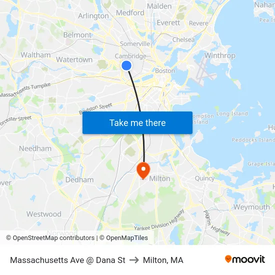 Massachusetts Ave @ Dana St to Milton, MA map