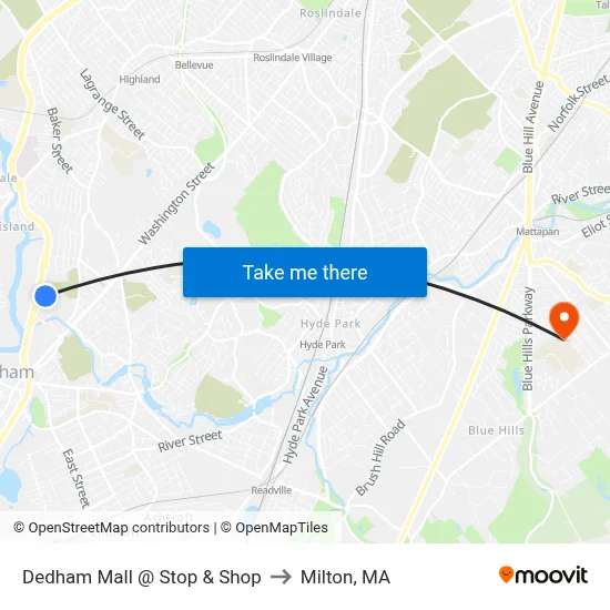 Dedham Mall @ Stop & Shop to Milton, MA map