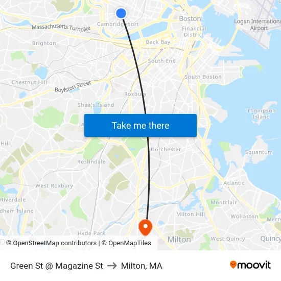 Green St @ Magazine St to Milton, MA map