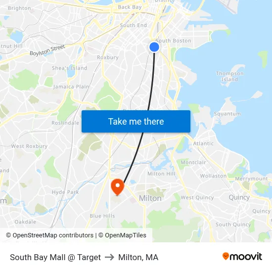 South Bay Mall @ Target to Milton, MA map