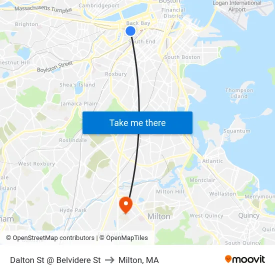 Dalton St @ Belvidere St to Milton, MA map