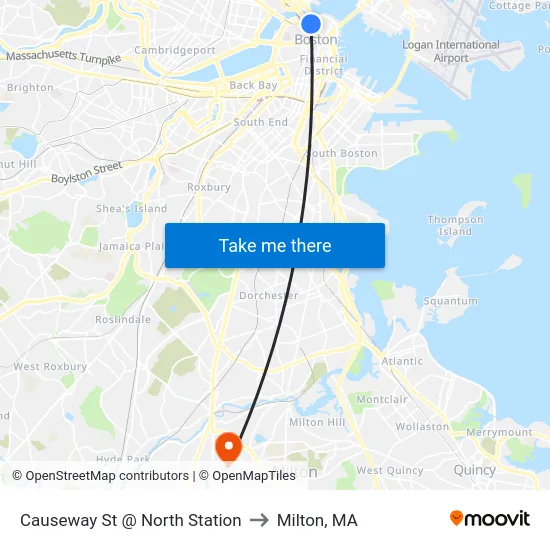 Causeway St @ North Station to Milton, MA map