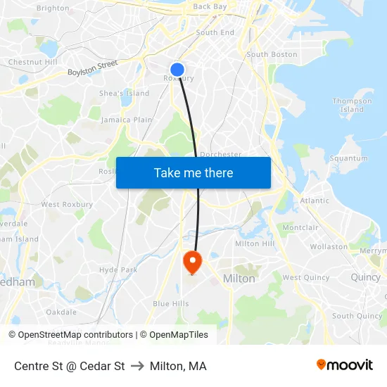 Centre St @ Cedar St to Milton, MA map