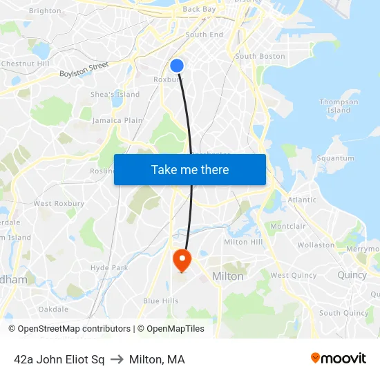 42a John Eliot Sq to Milton, MA map