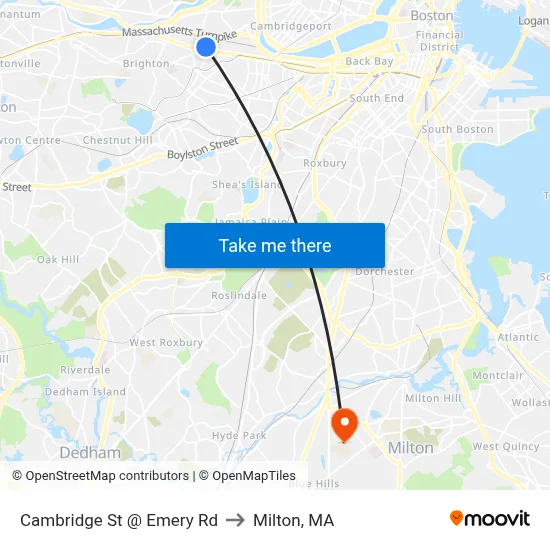 Cambridge St @ Emery Rd to Milton, MA map
