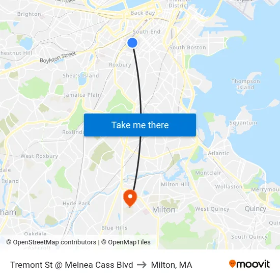 Tremont St @ Melnea Cass Blvd to Milton, MA map