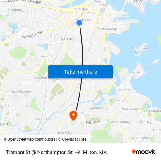 Tremont St @ Northampton St to Milton, MA map