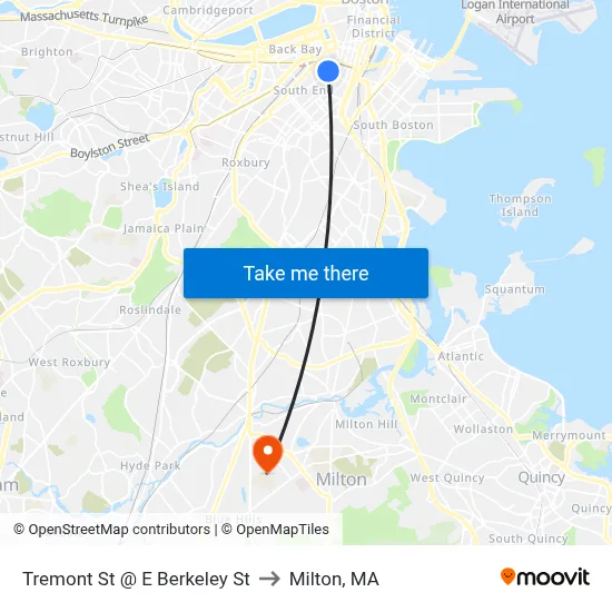 Tremont St @ E Berkeley St to Milton, MA map