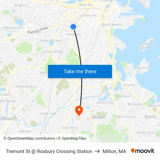 Tremont St @ Roxbury Crossing Station to Milton, MA map