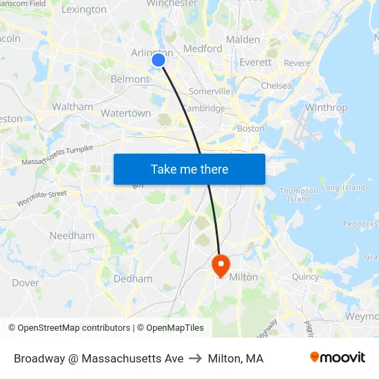 Broadway @ Massachusetts Ave to Milton, MA map