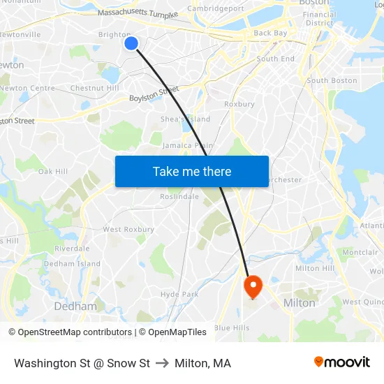 Washington St @ Snow St to Milton, MA map