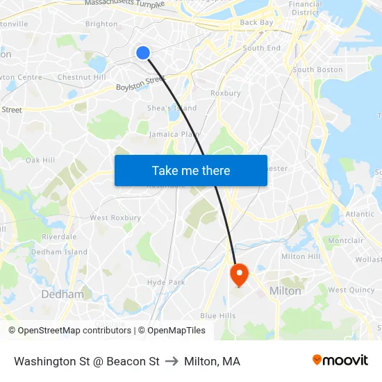 Washington St @ Beacon St to Milton, MA map