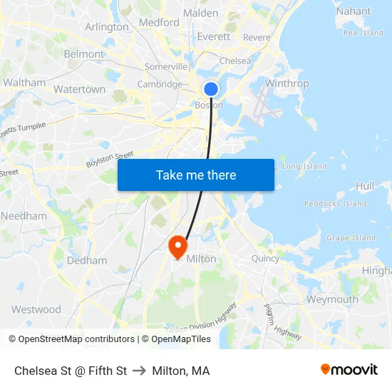 Chelsea St @ Fifth St to Milton, MA map